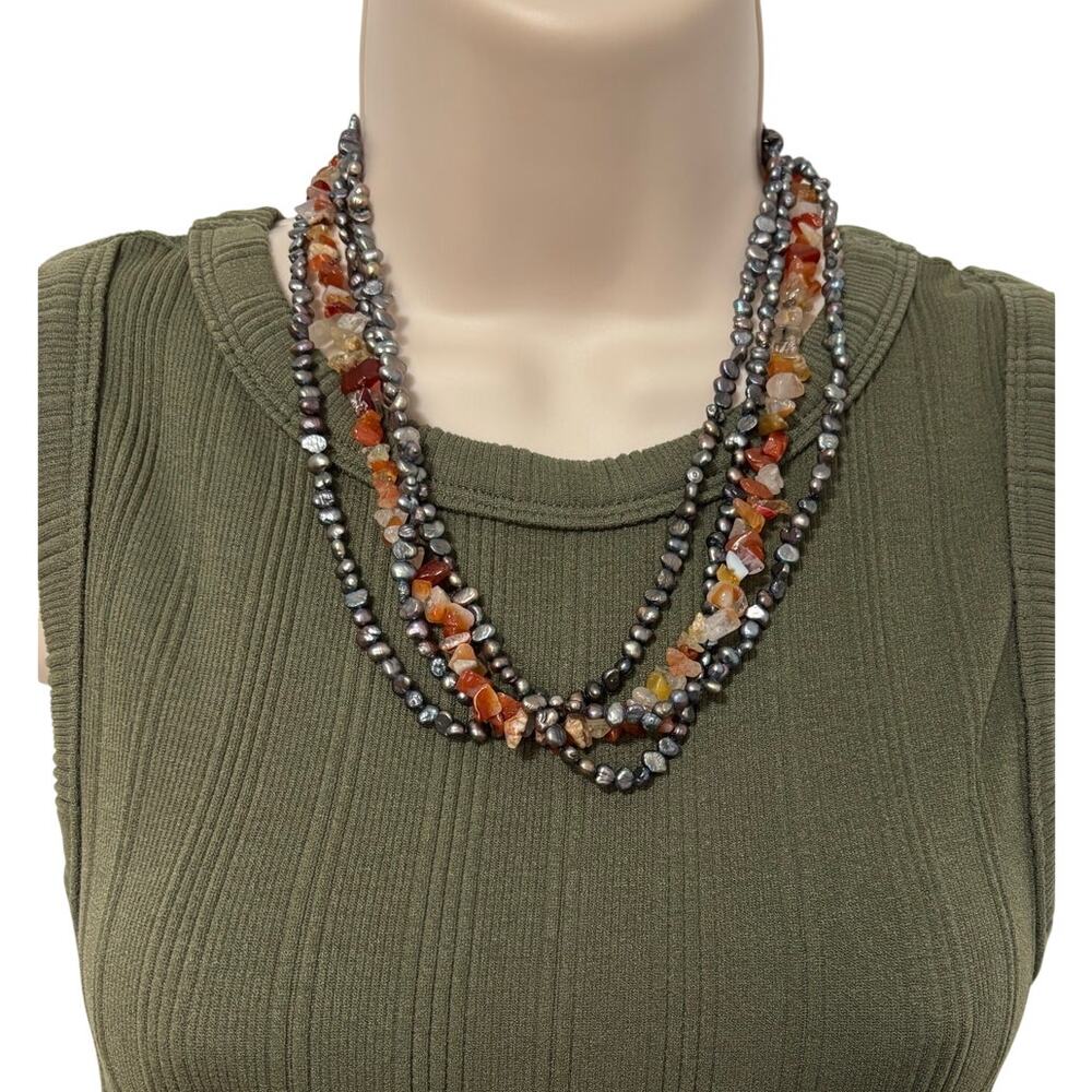 Women's BOHO‎ 4 Layered Orange Silver Tone Iridescent Stones Statement Necklace